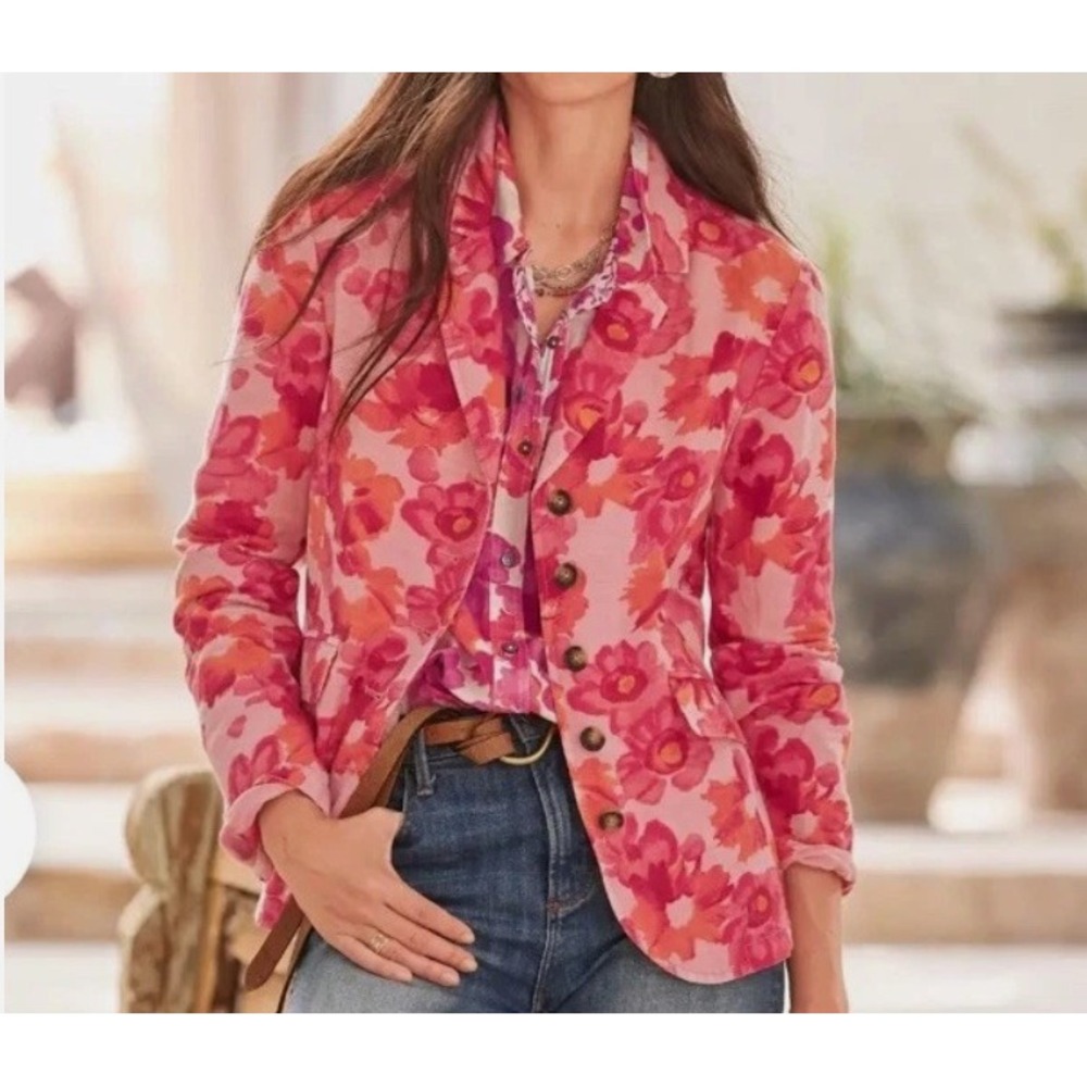 Sundance Sunrise Bloom Linen Blend Blazer Floral Print Pink Orange Small
